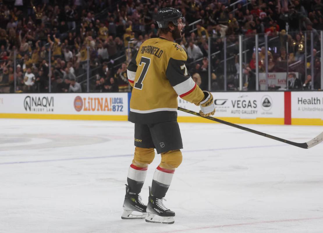 Golden Knights defenseman Alex Pietrangelo (7) reacts after scoring against the Calgary Flames ...