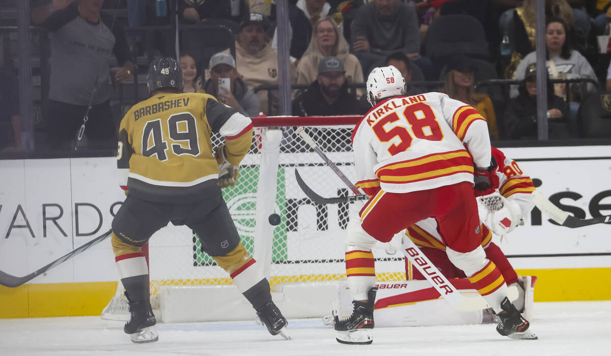 Golden Knights right wing Mark Stone, not pictured, scores a goal against the Calgary Flames du ...