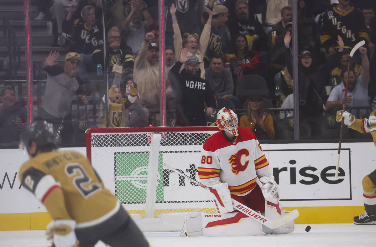 Golden Knights fans celebrate a goal by Golden Knights right wing Mark Stone, not pictured, as ...