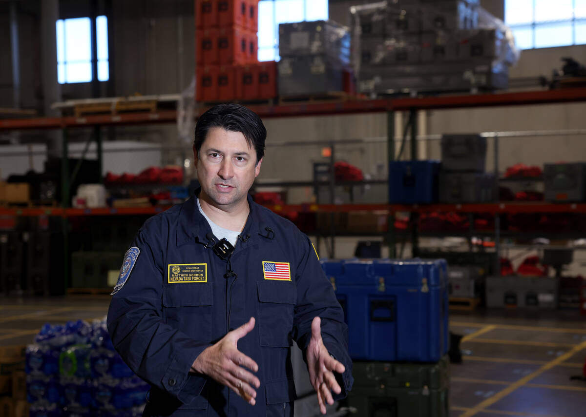 Nevada Task Force 1 team leader Matt Gordon talks to the media at the team’s warehouse in Nor ...