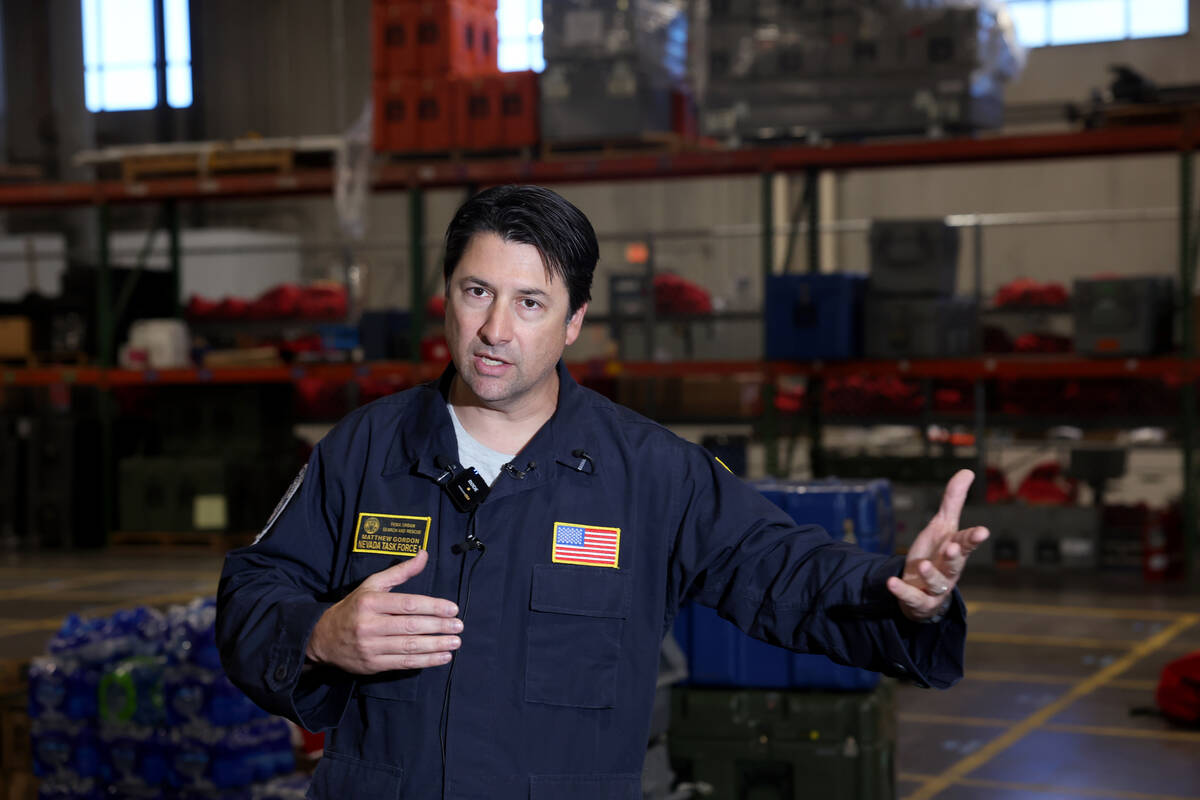 Nevada Task Force 1 team leader Matt Gordon talks to the media at the team’s warehouse in Nor ...