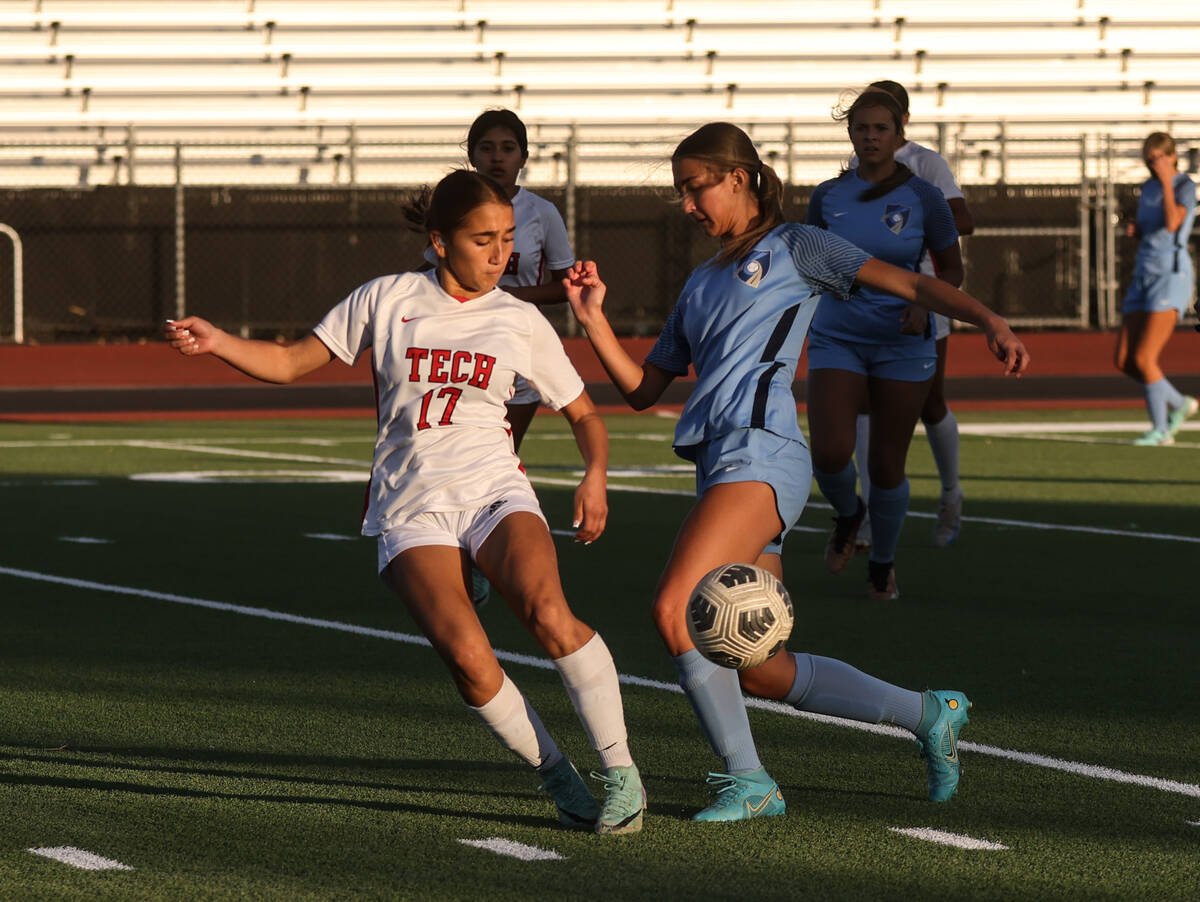 Southeast Career Technical Academy’s Olivia Mowery (17) steals the ball from Foothill Hi ...