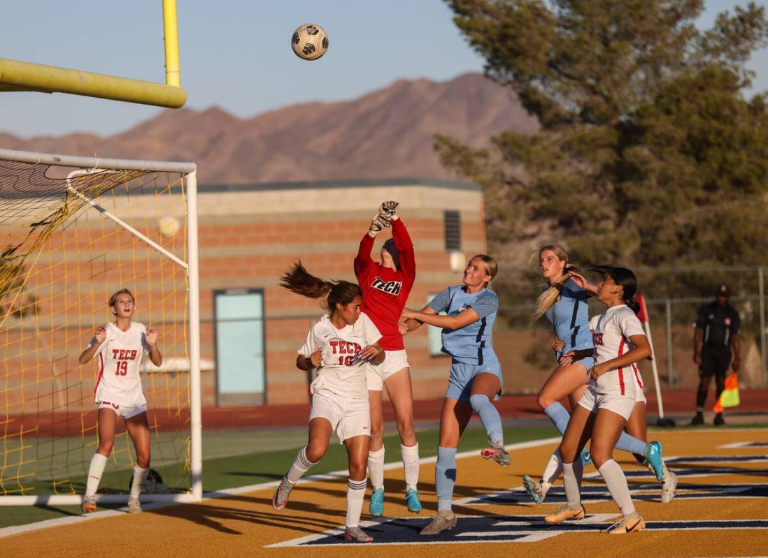 Southeast Career Technical Academy’s goalkeeper Jayla Elfberg fails to block the ball in ...