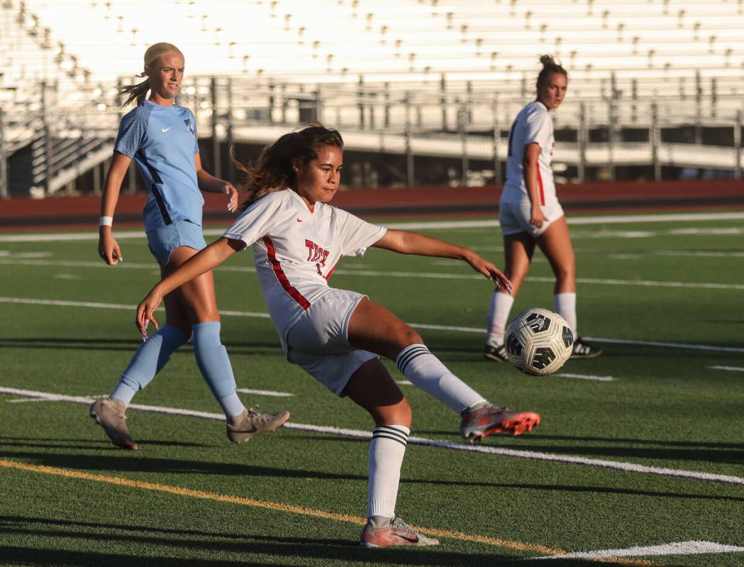 Southeast Career Technical Academy’s Sofia Aviles Estrada (16) kicks the ball in a game ...