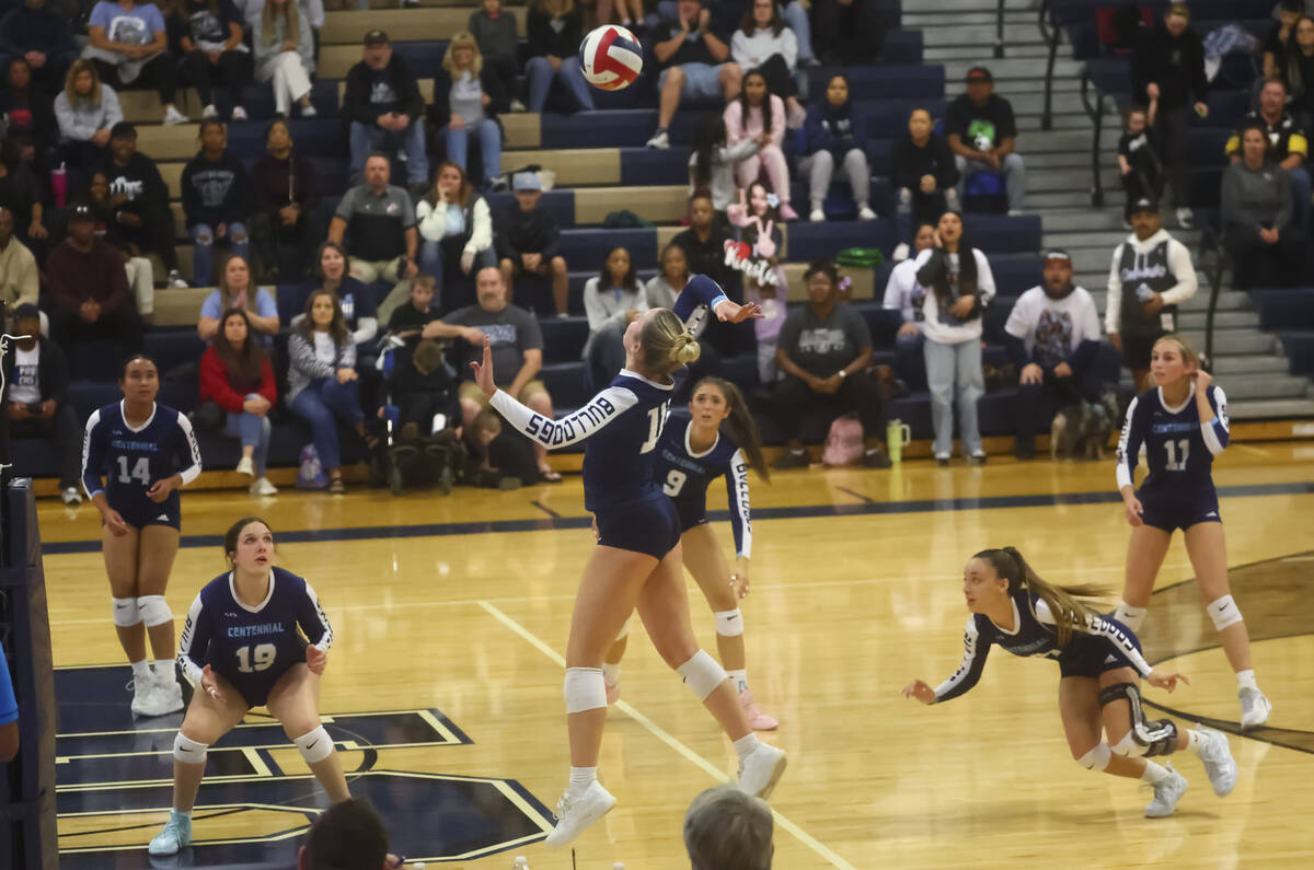 Centennial outside hitter Abby Vlaming (10) lines up a shot against Shadow Ridge during a Class ...