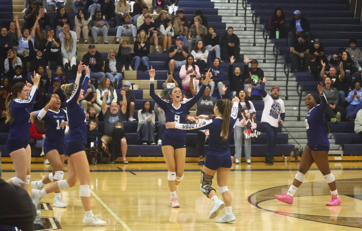 Centennial players celebrate after a play against Shadow Ridge during a Class 5A Southern Regio ...