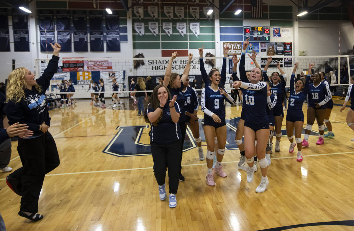 Centennial celebrates defeating Shadow Ridge in a Class 5A Southern Region quarterfinal volleyb ...