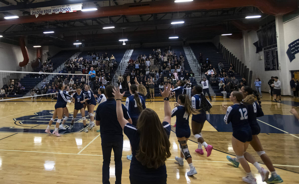 Centennial celebrates defeating Shadow Ridge in a Class 5A Southern Region quarterfinal volleyb ...