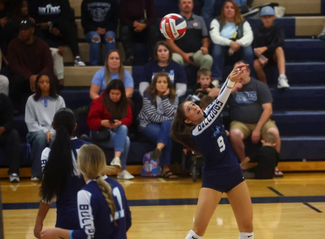 Centennial setter Mae Stoddard (9) hits the ball against Shadow Ridge during a Class 5A Souther ...