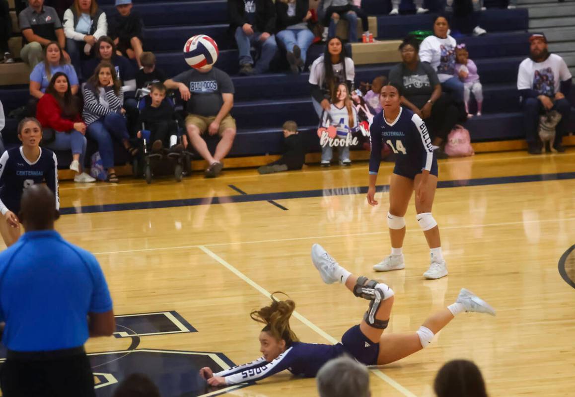 Centennial’s Brooke Cummings (4) makes a save against Shadow Ridge during a Class 5A Sou ...