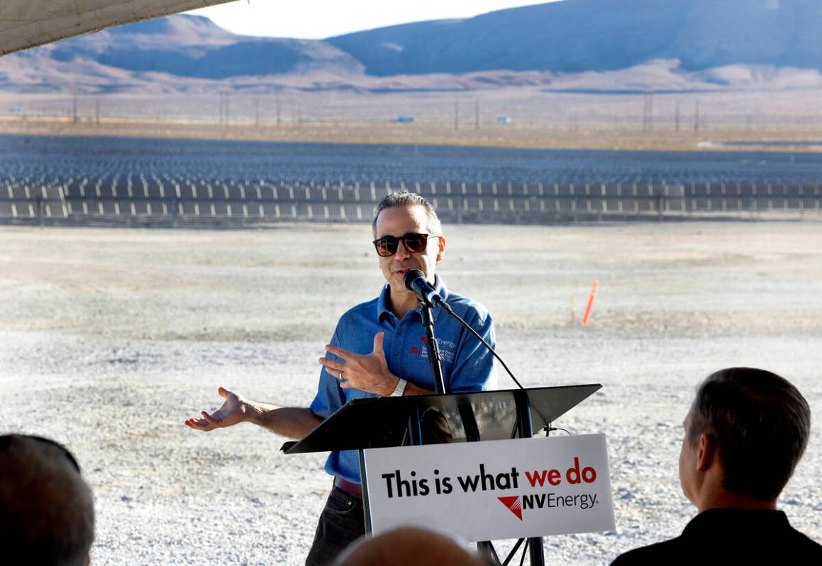 Jimmy Daghlian, VP, renewables NV Energy, speaks at the Harry Allen Power Plant on Tuesday, Oct ...