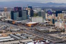 An aerial view of the Las Vegas Strip as Allegiant Stadium and the city readies to host Super B ...