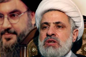 FILE - The deputy chief of Hezbollah, Sheik Naim Kassem, speaks during an interview with the As ...