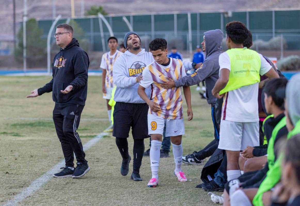 Eldorado senior Santiago Benitez (9) walks to the bench after receiving a red card during the C ...