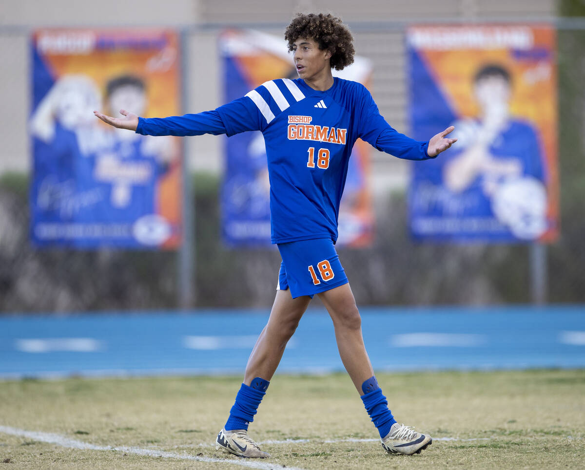 Bishop Gorman junior Eli Harris (18) reacts to a play during the Class 5A Southern Le ...