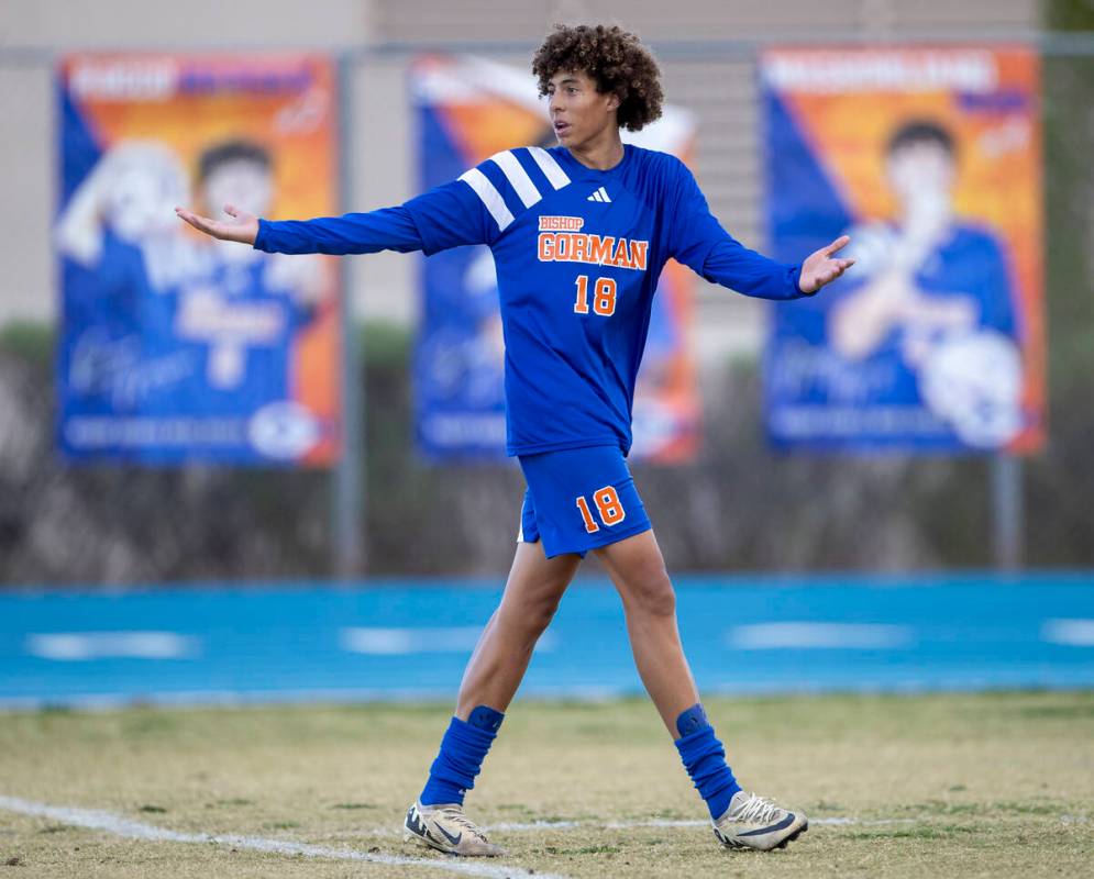 Bishop Gorman junior Eli Harris (18) reacts to a play during the Class 5A Southern Le ...