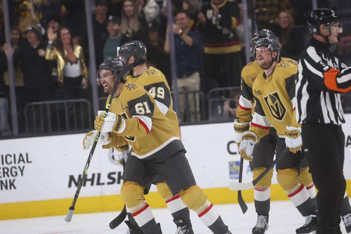 Golden Knights right wing Mark Stone (61) reacts after his goal against the Calgary Flames duri ...