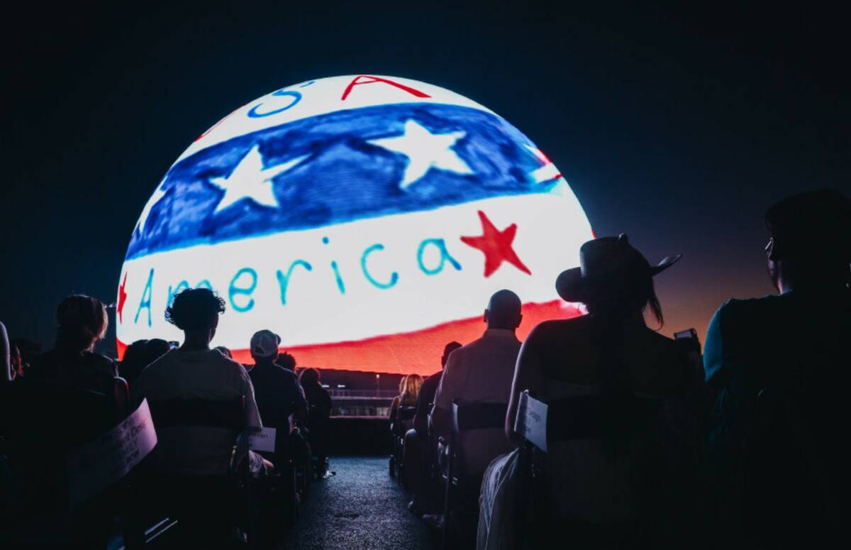 A drawing made by a Clark County student is displayed on the Sphere on Thursday, July 4, 2024, ...