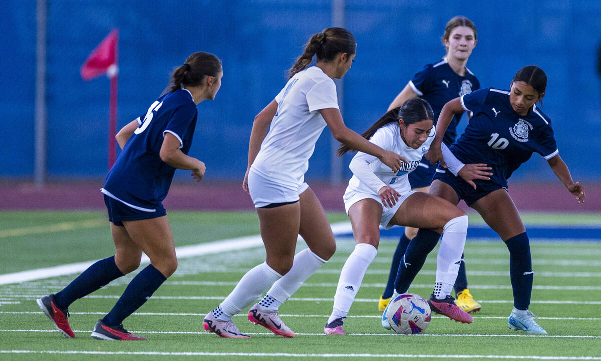 Canyon Springs midfielder Daniela Mayorga (7) keeps Centennial midfielder Alexandra Miranda (10 ...