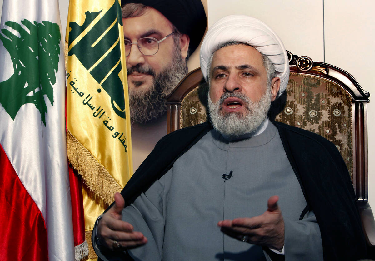 FILE - The deputy chief of Hezbollah, Sheik Naim Kassem, speaks during an interview with the As ...