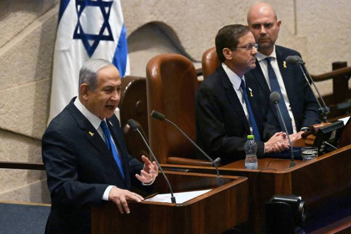 Israeli Prime Minister Benjamin Netanyahu speaks at the opening of the 25th Parliament session ...