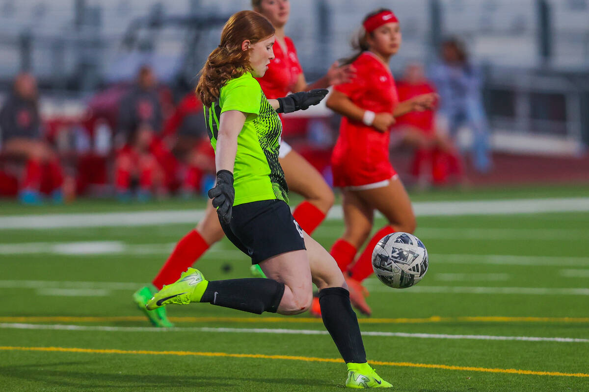 Coronado goalkeeper Emma Duda (00) kicks the ball during a Class 5A girls soccer quarterfinals ...