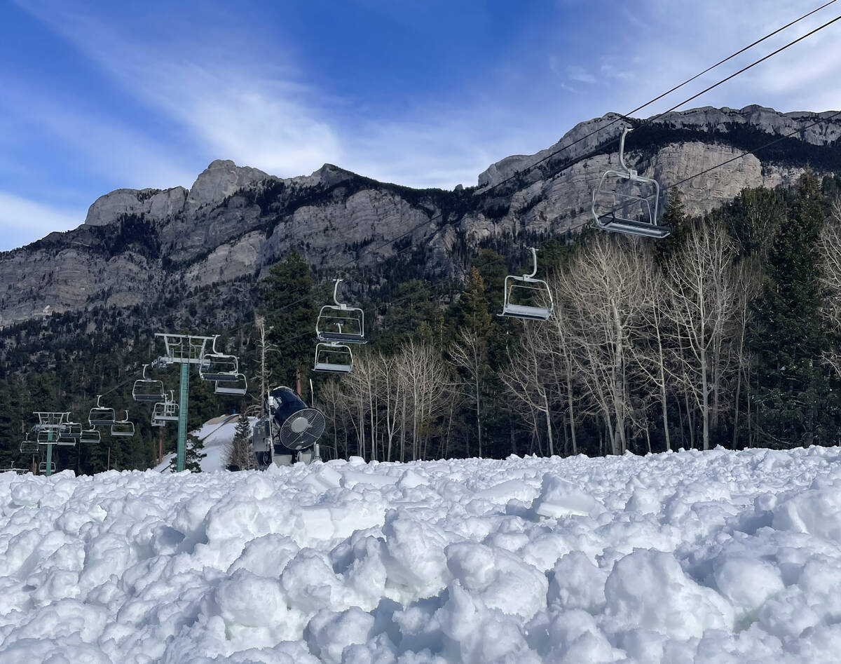 Man-made snow covers a trail at Lee Canyon on Wednesday, Oct. 30, 2024. The Spring Mountains re ...