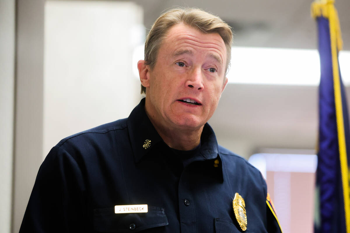 Clark County Fire Chief John Steinbeck speaks to the media at Clark County Fire Station 18 on ...