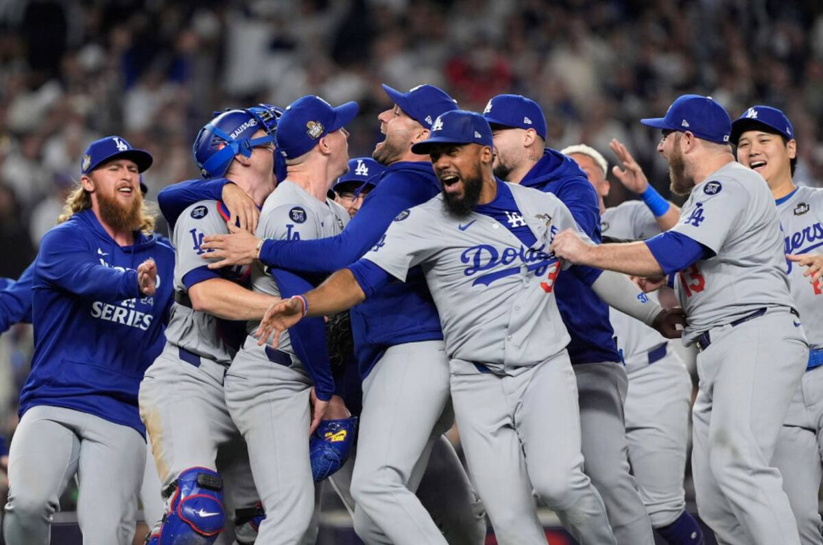 The Los Angeles Dodgers celebrate their win against the New York Yankees in Game 5 to win the b ...