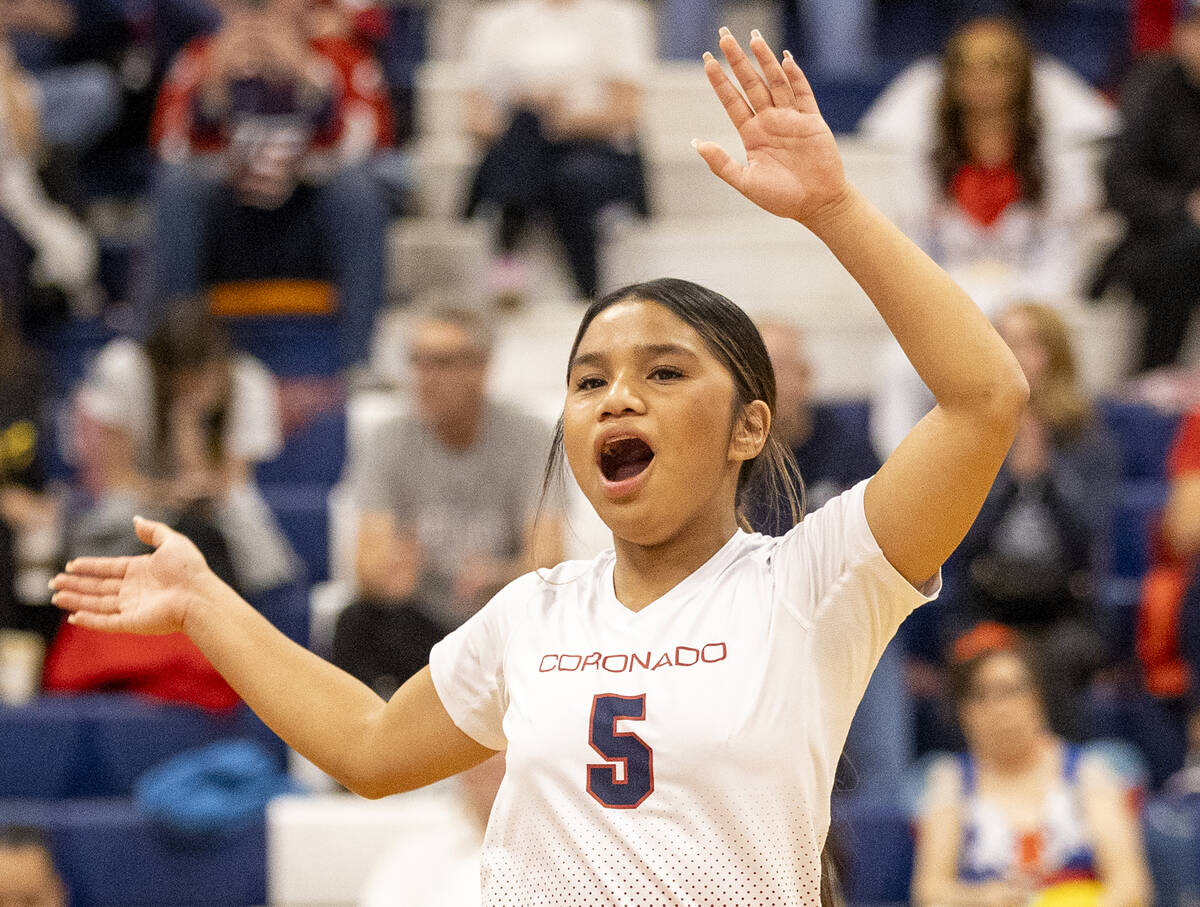 Coronado sophomore Isabelle Guerzon (5) celebrates a play during the 5A girls volleyball Southe ...