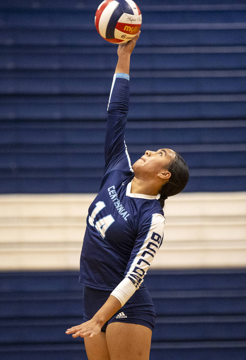 Centennial sophomore Audrianne Bernard (14) competes during the 5A girls volleyball Southern Re ...