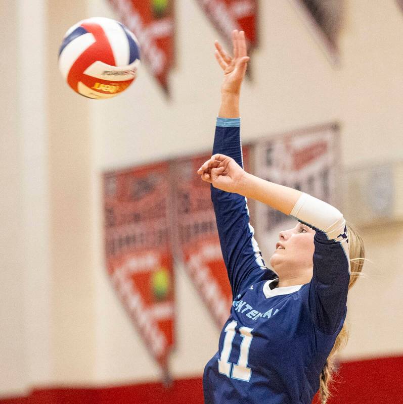 Centennial sophomore Olivia Roberts (11) spikes the ball during the 5A girls volleyball Souther ...