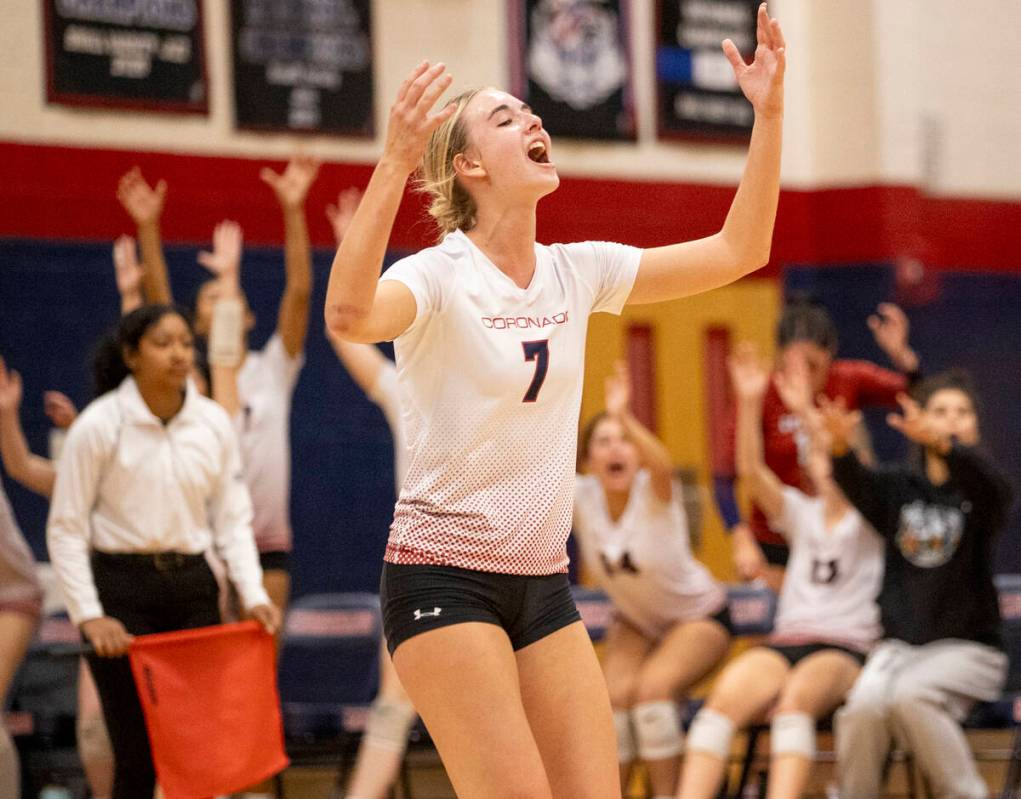 Coronado junior Gentry Oblad (7) celebrates a play during the 5A girls volleyball Southern Regi ...