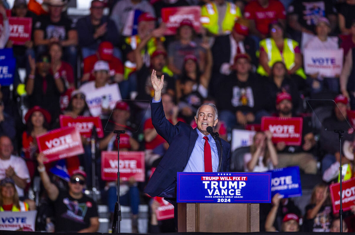 Nevada Governor Joe Lombardo speaks to the crowd before former President Donald Trump arrives d ...