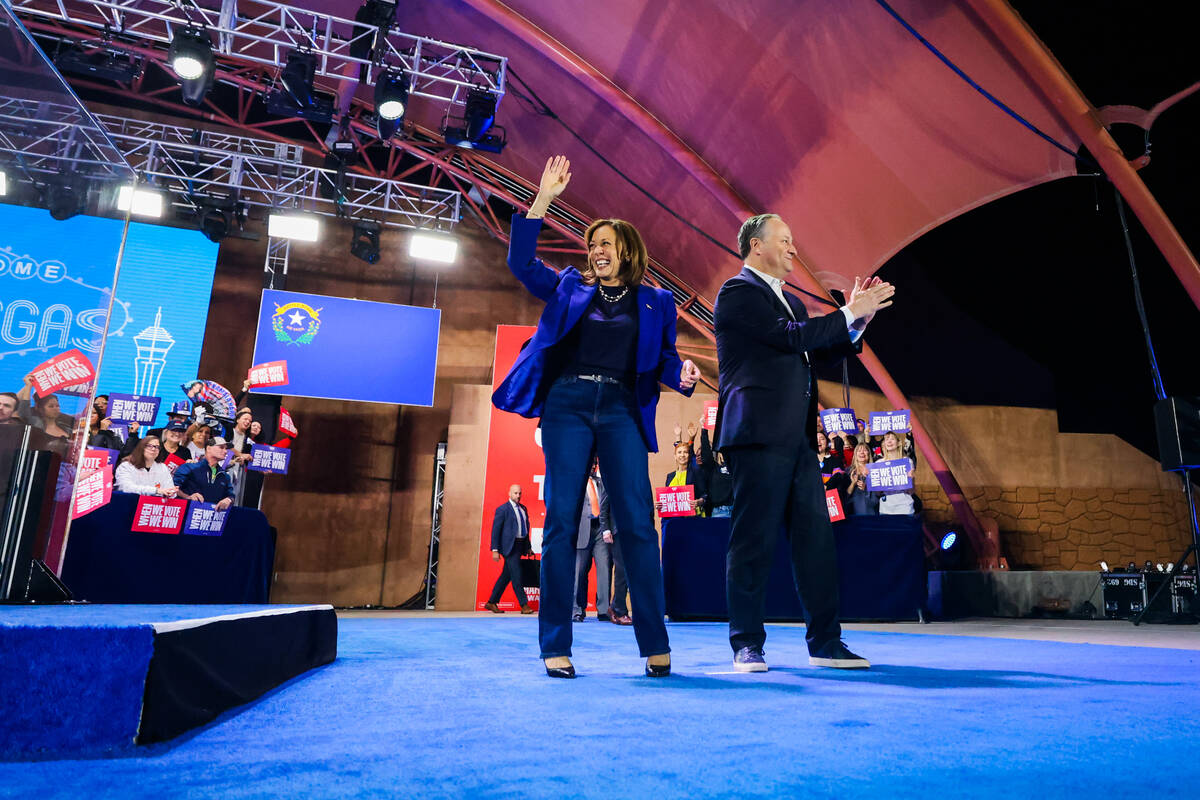 Democratic presidential nominee Vice President Kamala Harris, left, and Second Gentleman Doug E ...