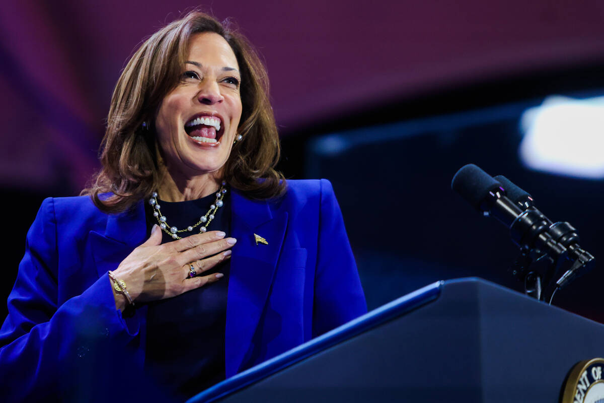 Democratic presidential nominee Vice President Kamala Harris speaks during a campaign rally at ...