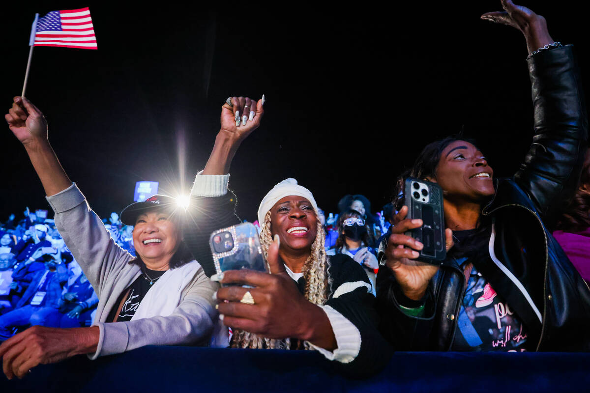 Supporters cheer for Democratic presidential nominee Vice President Kamala Harris during a camp ...