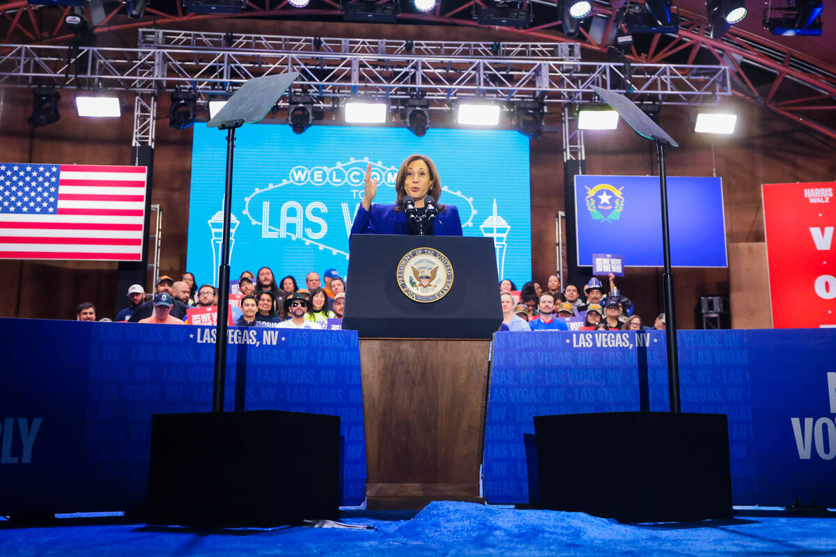 Democratic presidential nominee Vice President Kamala Harris speaks during a campaign rally at ...