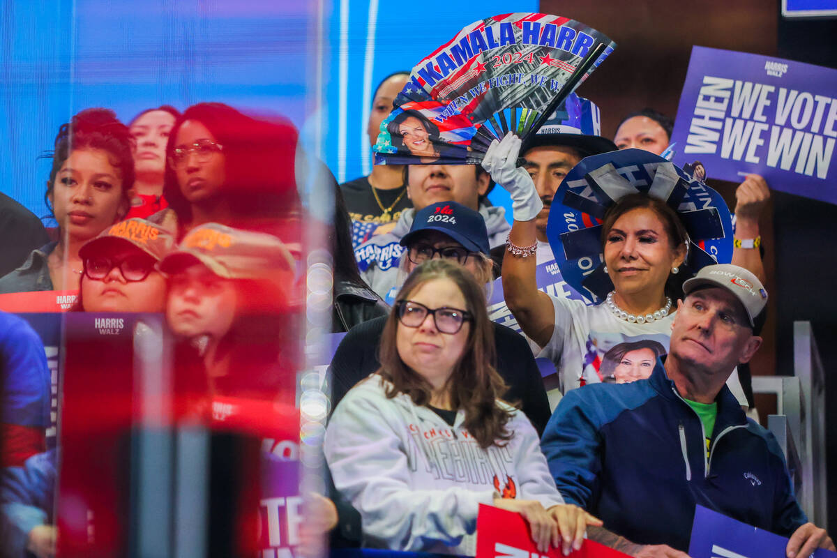 Supporters listen to Jennifer Lopez speak at a rally for Democratic presidential nominee Vice P ...