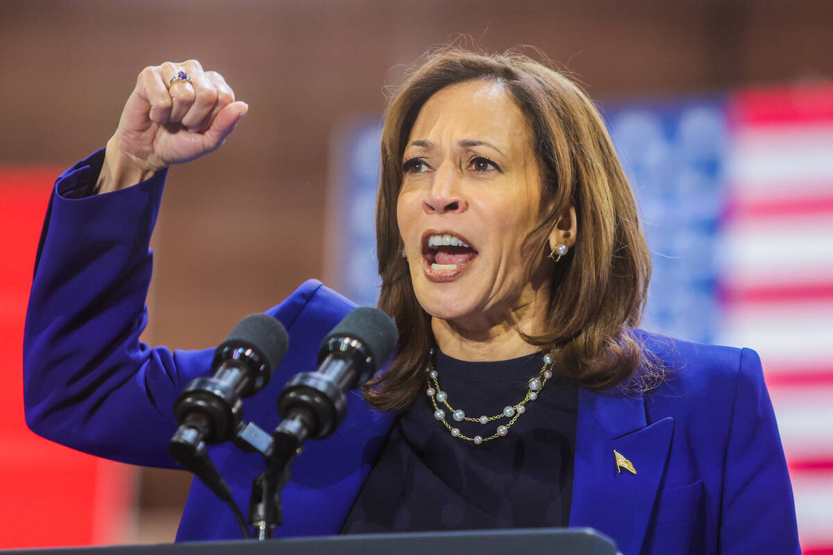 Democratic presidential nominee Vice President Kamala Harris speaks during a campaign rally at ...