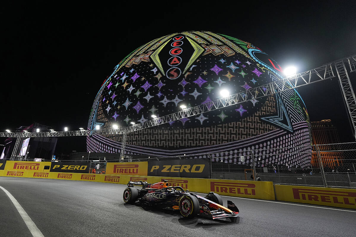 FILE - Red Bull driver Max Verstappen, of the Netherlands, drives past the Sphere during the Fo ...