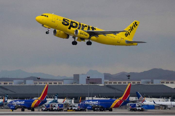 A Spirit Airlines plane takes off at Harry Reid International Airport in this file photo. (Benj ...