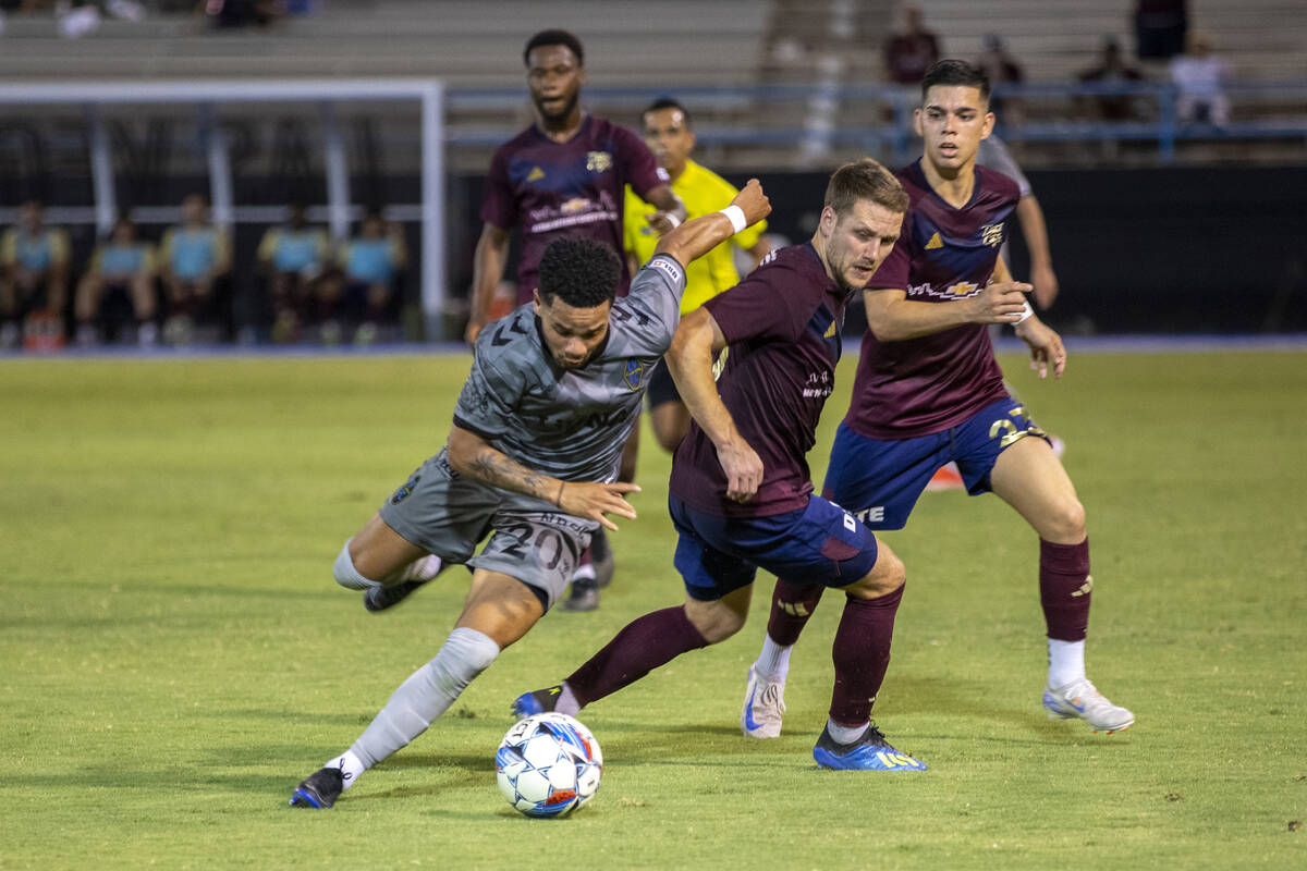 Las Vegas Lights FC defender Shawn Smart (20) looks to make a play during a USL Championship so ...