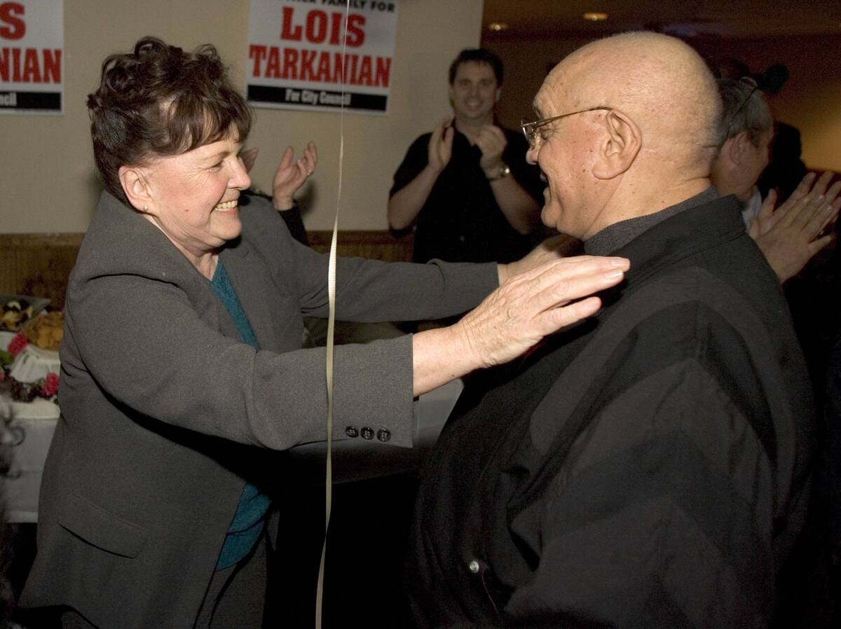 Lois Tarkanian hugs her husband Jerry after learning she won the Las Vegas City Council ward 1 ...