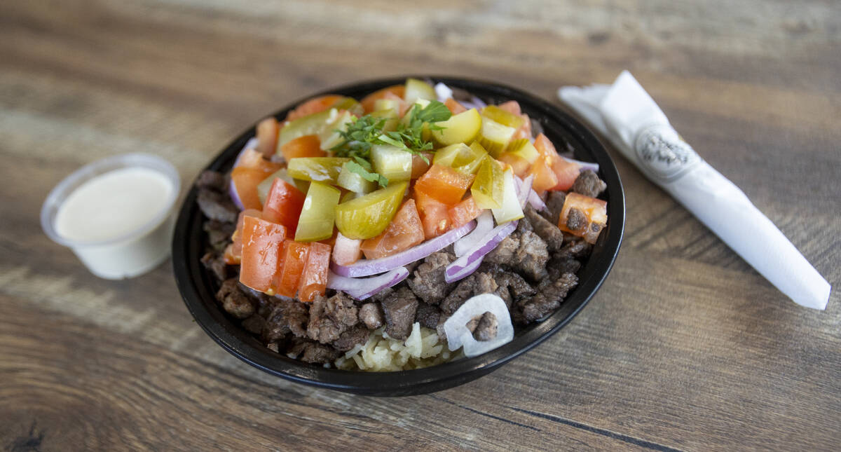 A beef rice bowl at Royal Wraps, Friday, Oct. 11, 2024, in Henderson. (Daniel Jacobi II/Las Veg ...