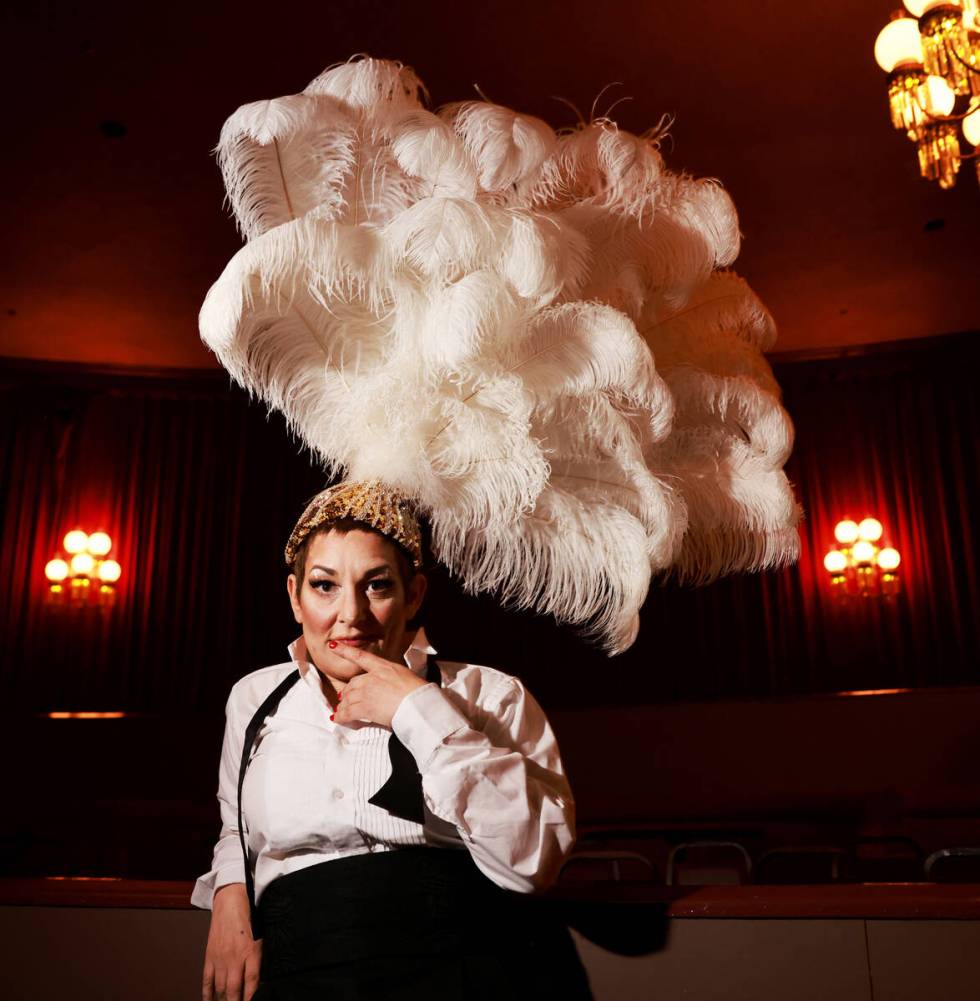 Amy “Miss Behave” Saunders poses for a photo in the Plaza Showroom in downtown Las Vegas Mo ...