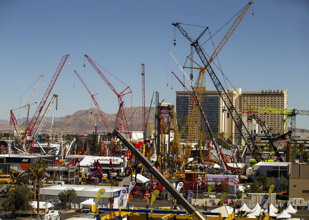 Numerous construction cranes are in place for the upcoming CONEXPO-CON/AGG at the Las Vegas Fes ...