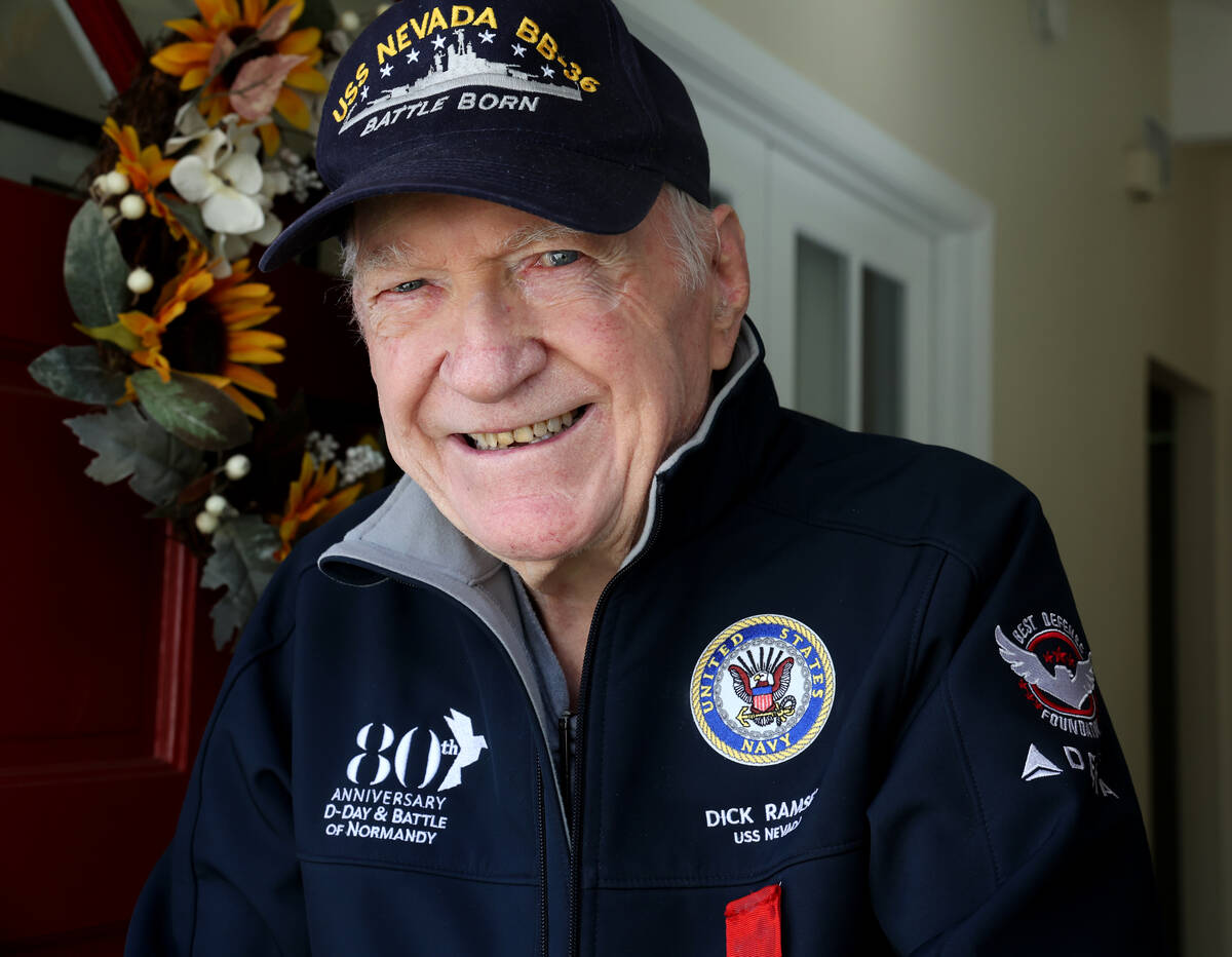 USS Nevada veteran Dick Ramsey, 101, poses for a photo at his home in Santa Clarita, Calif. Fri ...