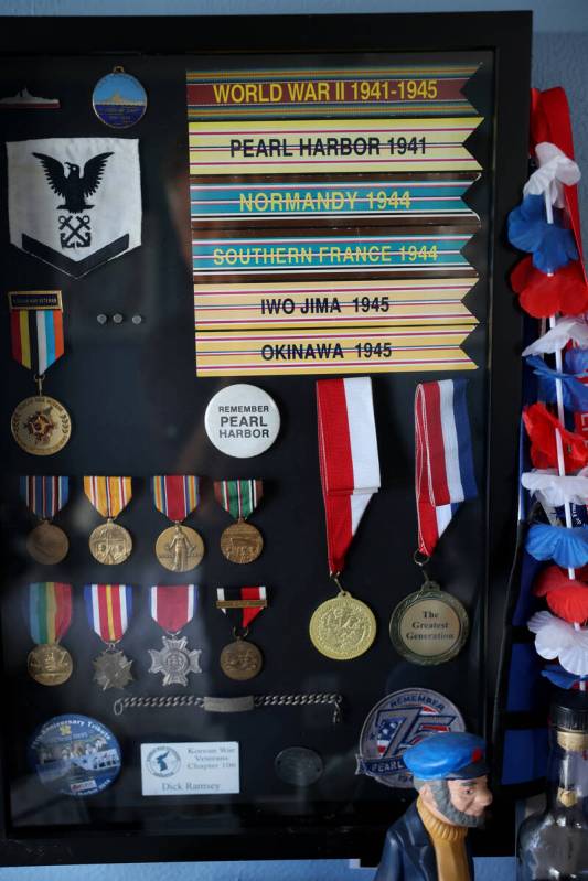 Ribbons and medals of USS Nevada veteran Dick Ramsey at his home in Santa Clarita, Calif. Frida ...