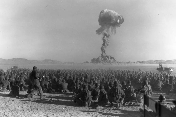 This early photo shows an atomic bomb test at what was then called the Nevada Proving Grounds, ...